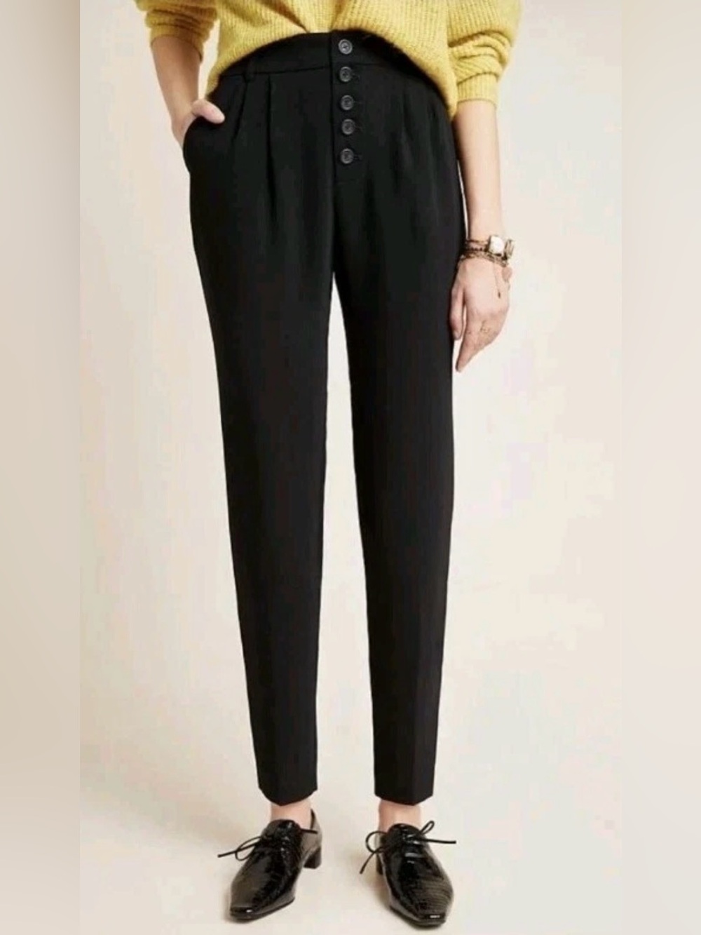 Anthropologie Sasha Button Fly Pockets High Rise Black Taper Women's Pants US 4